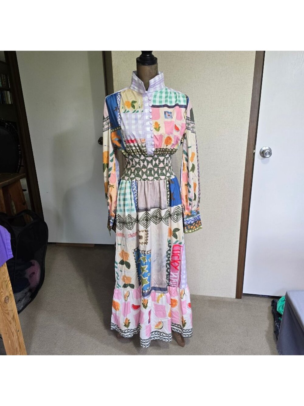 Large Long Boho Maxi Dress Multicolor Patchwork Lightweight Cottage Core
